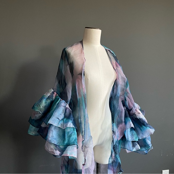 Anthropologie Sheer Ruffle Sleeve Duster Kimono Robe One Size Blue Pink - Picture 2 of 9